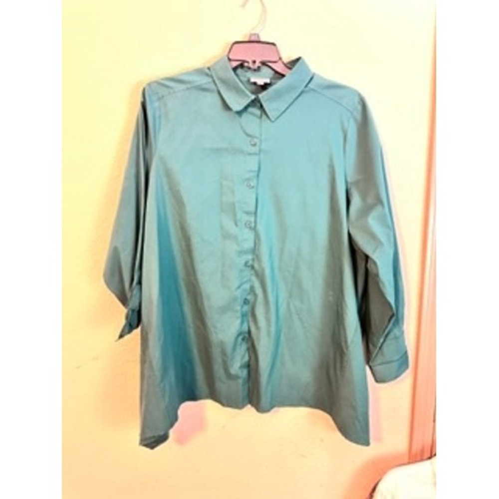 Avenue Button Down Shirt Womens 22/24 Green Excellent Roll Tab Sleeve Blouse